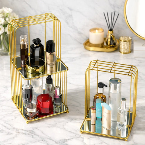 Gold Metal Makeup Organizer with Mirror Tray (Cosmetic Storage Rack)