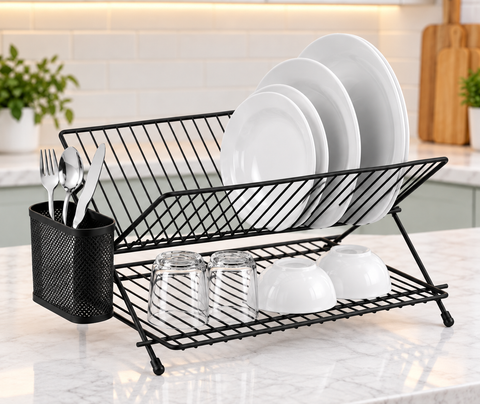2-Tier Metal Dish Rack with Cutlery Holder – Black