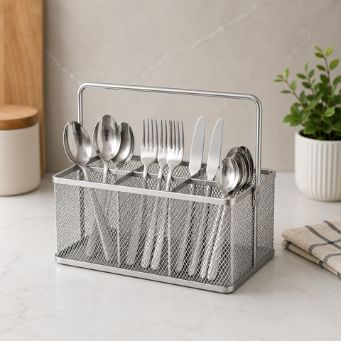 Premium Metal Mesh Cutlery & Stationery Organizer Basket with Handle