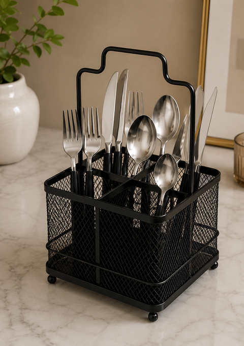 Golden Metal Mesh Cutlery Organizer Caddy with Handle