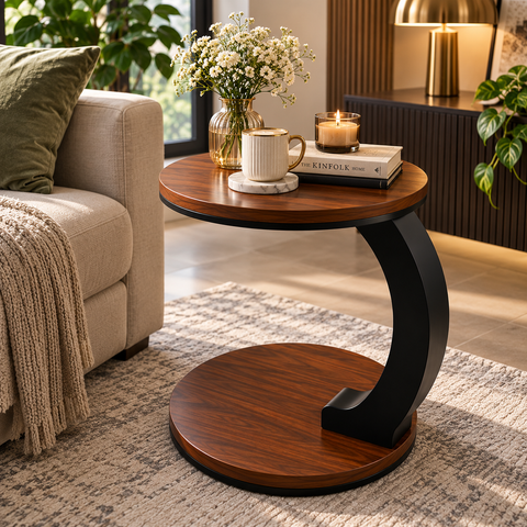 Luxury 2-Tier Wooden Top Side Table – Modern C-Shaped Accent Table