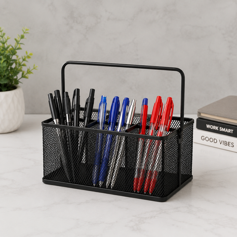 Premium Metal Mesh Cutlery & Stationery Organizer Basket with Handle