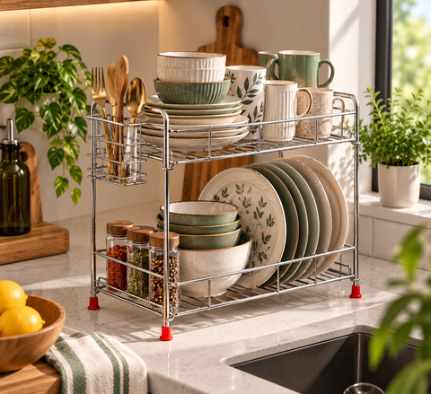 2-Tier Premium Kitchen Dish Rack & Organizer – Silver
