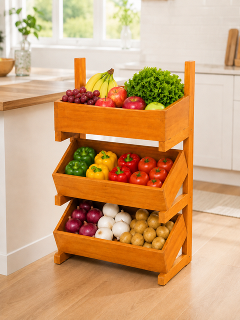 3 Tier Wooden Fruit & Vegetable Storage Rack – Multipurpose Kitchen Organizer