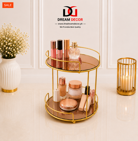 Gold Metal Makeup Holder with Mirror Tray