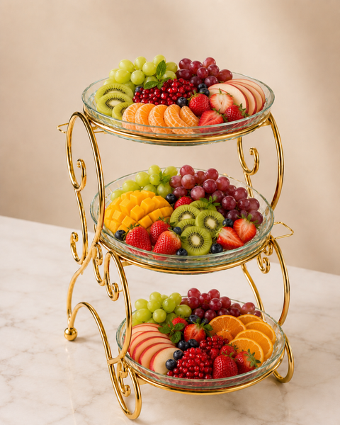 Luxury 3-Tier Glass Serving Stand with Golden Metal Frame