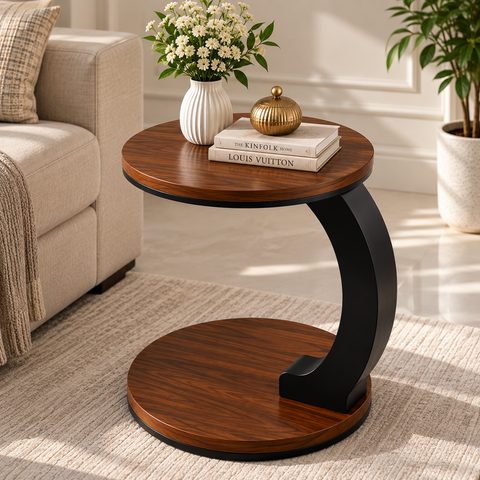 Luxury 2-Tier Wooden Top Side Table – Modern C-Shaped Accent Table