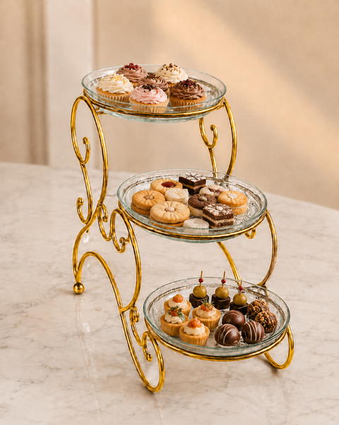 Luxury 3-Tier Glass Serving Stand with Golden Metal Frame