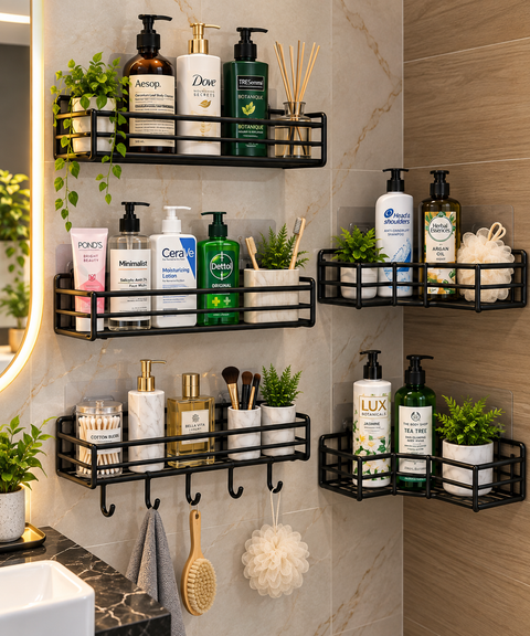 Premium Wall Mounted Bathroom Organizer Rack with Hooks – Black Metal Storage Shelf