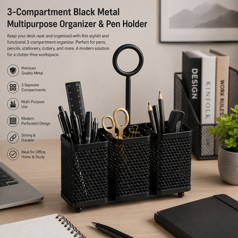 3-Compartment Black Metal Multipurpose Organizer & Pen Holder