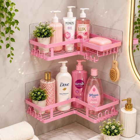 2-Tier Pink Corner Bathroom Shelf | Wall Mounted Shower Organizer Rack