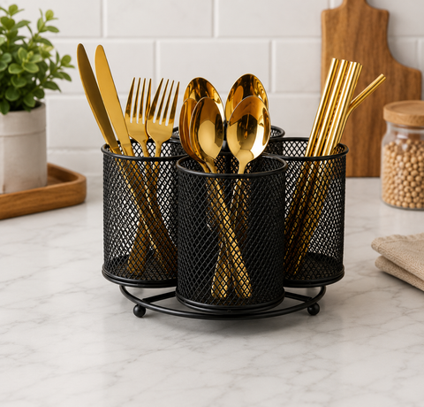 360° Rotating Mesh Cutlery Holder Organizer