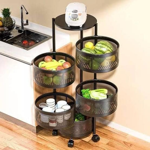 Rotating Storage Trolley, Black, Metal, Space-Saving Kitchen Shelf