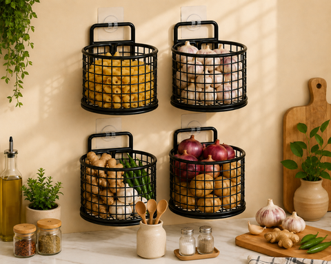 Wall Mounted Metal Mesh Kitchen Basket Rack – Black