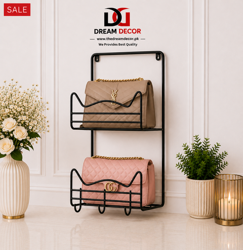 Wall-Mounted Handbag Organizer Rack with Key Hooks