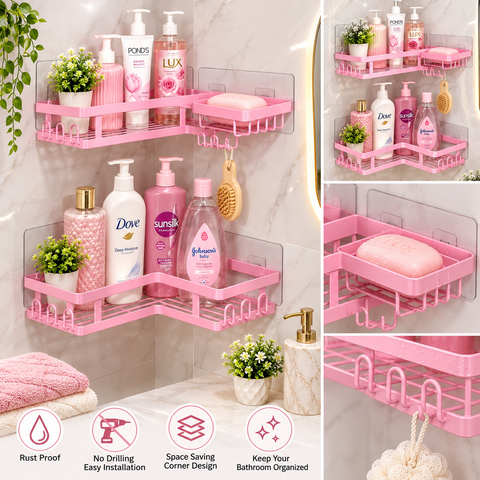 2-Tier Pink Corner Bathroom Shelf | Wall Mounted Shower Organizer Rack