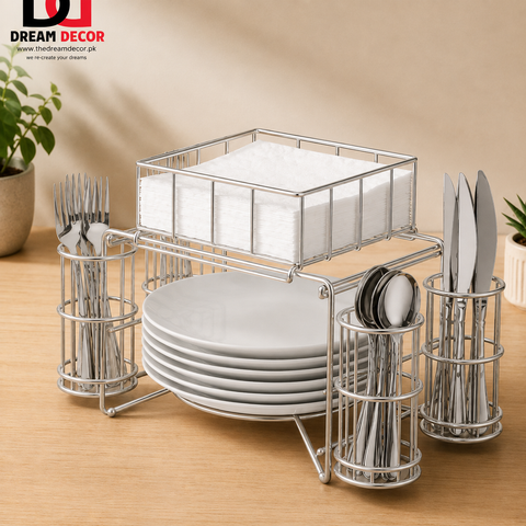 3-in-1 Luxury Metal Buffet Organizer – Plate, Cutlery & Napkin Holder