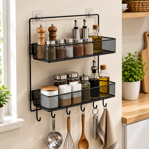 2-Tier Multipurpose Wall Mounted Kitchen Organizer with Hooks