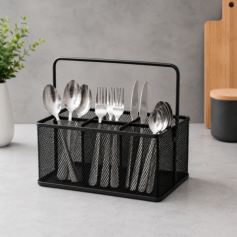 Premium Metal Mesh Cutlery & Stationery Organizer Basket with Handle
