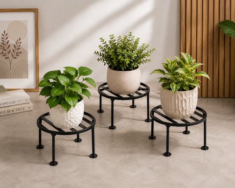 Modern Black Metal Plant Stand – Round Decorative Flower Pot Stand