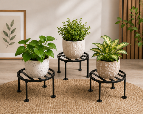 Modern Black Metal Plant Stand – Round Decorative Flower Pot Stand