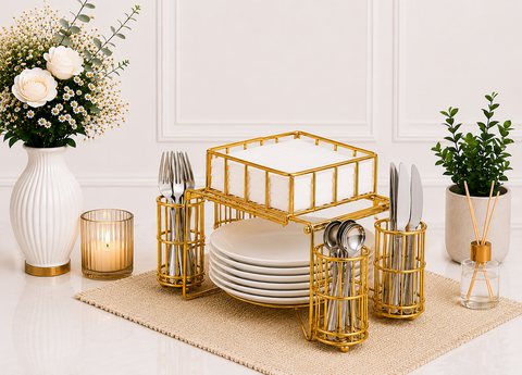 3-in-1 Luxury Metal Buffet Organizer – Plate, Cutlery & Napkin Holder