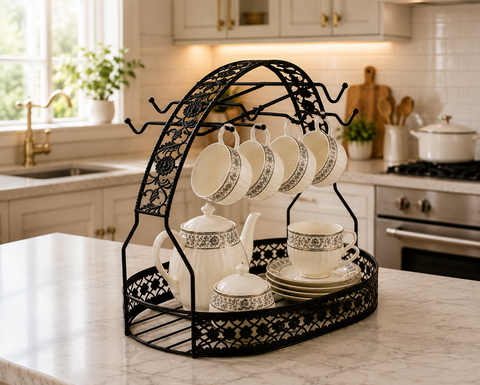 Premium Metal Tea Cup & Teapot Organizer Stand