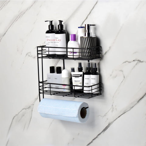 2-Tier Wall Mounted Kitchen Organizer Rack with Hooks