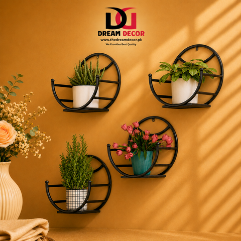 Set of 4 Round Metal Wall-Mounted Plant Holder Shelves