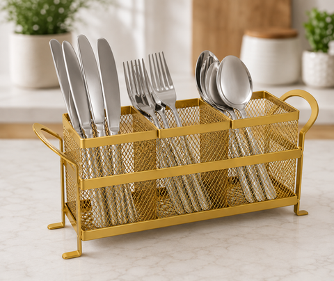 Premium Golden 3-Section Cutlery Organizer – Kitchen Utensil Holder