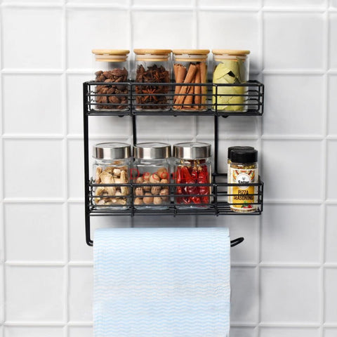 2-Tier Wall Mounted Kitchen Organizer Rack with Hooks