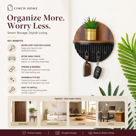 Wooden Wall Mounted Key Holder with Storage Shelf & Hooks