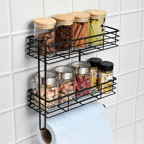 2-Tier Wall Mounted Kitchen Organizer Rack with Hooks