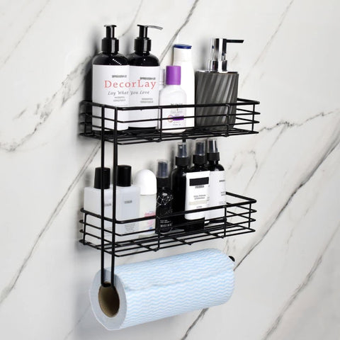 2-Tier Wall Mounted Kitchen Organizer Rack with Hooks