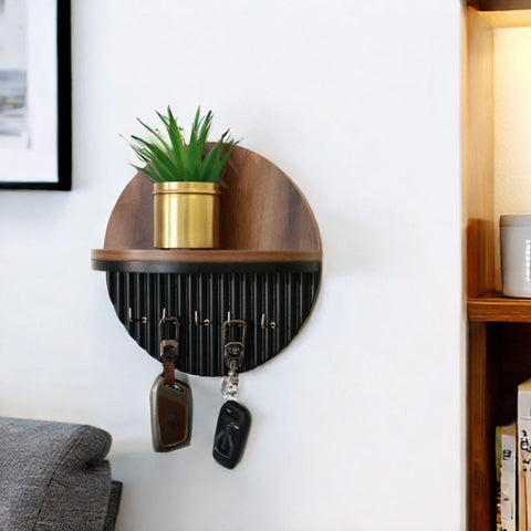Wooden Wall Mounted Key Holder with Storage Shelf & Hooks
