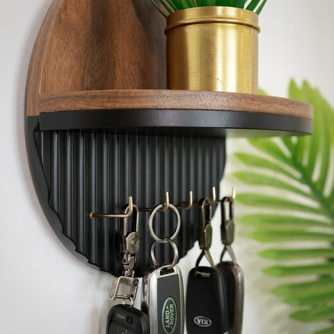 Wooden Wall Mounted Key Holder with Storage Shelf & Hooks