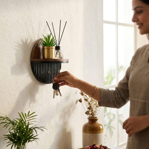 Wooden Wall Mounted Key Holder with Storage Shelf & Hooks