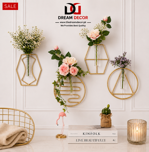 Modern Metal Wall Hanging Vase Set – Geometric Floral Wall Decor (4 Pcs)