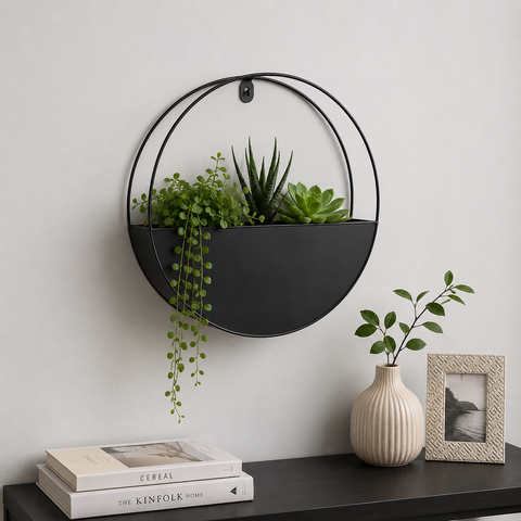 Modern Round Wall Mounted Metal Planter Shelf – Black