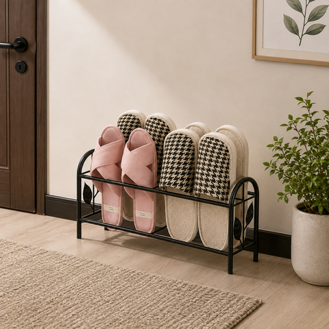 Premium Black Metal Slipper & Shoe Organizer Rack – Leaf Design