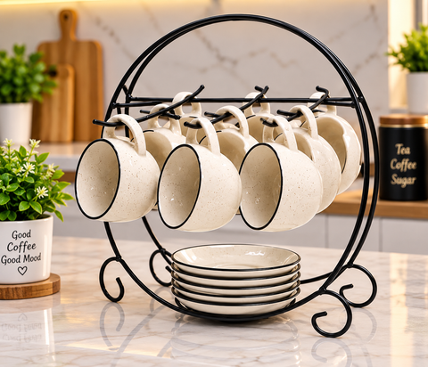 Elegant Black Metal Cup & Plate Holder – 6 Cup & 6 Plate Organizer