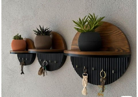 Wooden Wall Mounted Key Holder with Storage Shelf & Hooks
