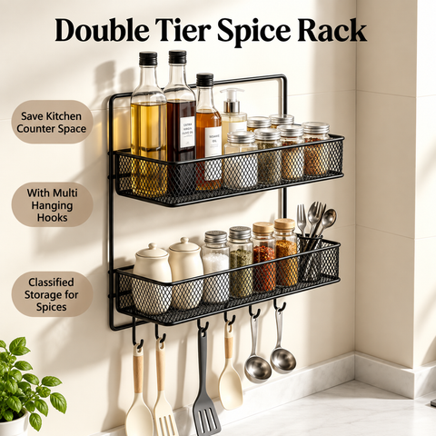 2-Tier Multipurpose Wall Mounted Kitchen Organizer with Hooks