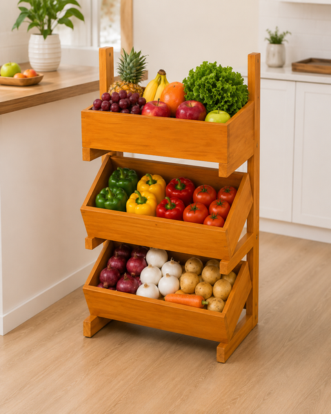 3 Tier Wooden Fruit & Vegetable Storage Rack – Multipurpose Kitchen Organizer