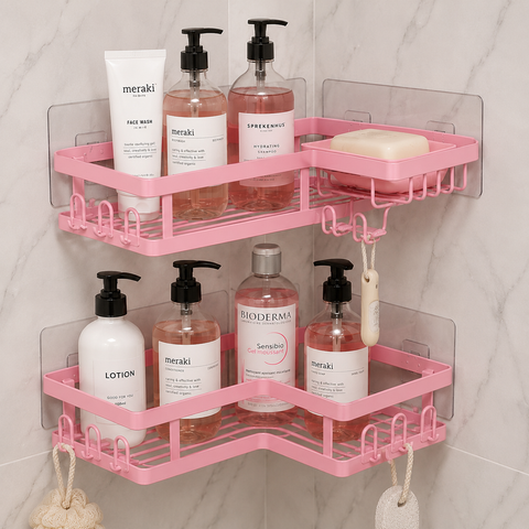 2-Tier Pink Corner Bathroom Shelf | Wall Mounted Shower Organizer Rack