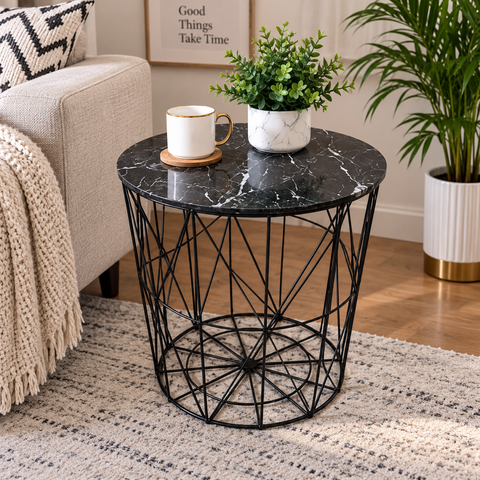 Modern Wooden Top Side Table – Black Metal Frame