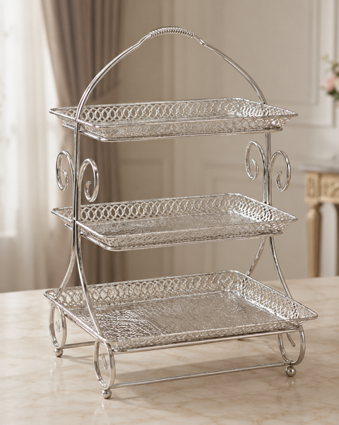 Luxury 3-Tier Silver Serving Stand – Elegant Tea & Dessert Organizer
