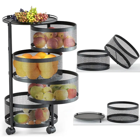 Rotating Storage Trolley, Black, Metal, Space-Saving Kitchen Shelf