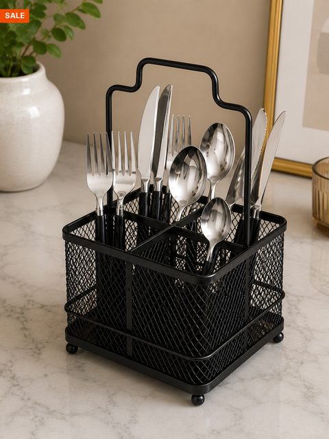 Golden Metal Mesh Cutlery Organizer Caddy with Handle