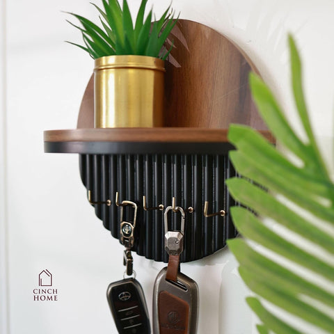 Wooden Wall Mounted Key Holder with Storage Shelf & Hooks
